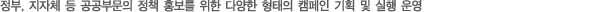 정부, 지자체 등 공공부문의 정책 홍보를 위한 다양한 형태의 캠페인 기획 및 실행 운영

